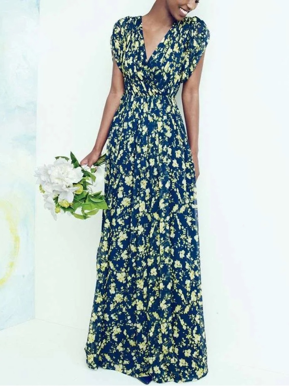 J. Crew Navy Maxi Dress with Yellow Floral Print